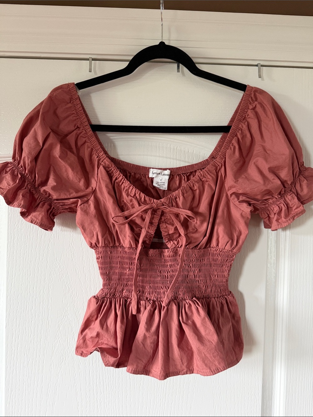 Rose-Pink Smocked Peplum Puff-Sleeve Top